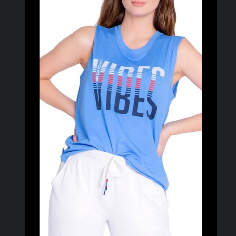 PJ SALVAGE Blue Sleeveless ‘Good Vibes” Tank Top XS